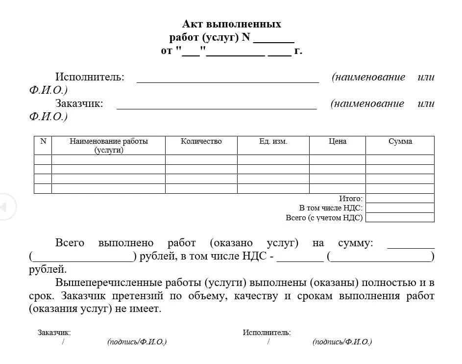 Бланк акта выполненных работ (оказанных услуг) для подписания с самозанятым.