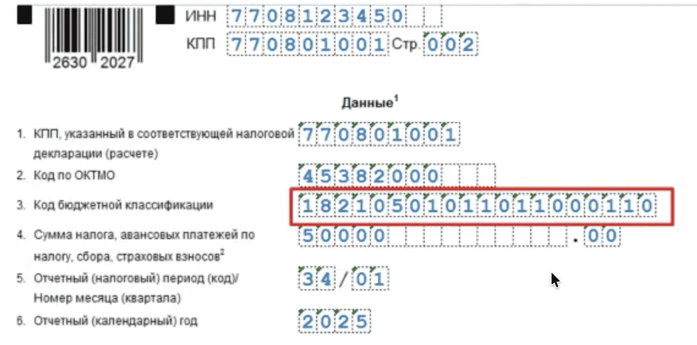 Фрагмент официального налогового или платежного документа. Видны реквизиты: ИНН, КПП, ОКТМО, КБК, сумма платежа, а также указаны отчетный период и год (2025).
