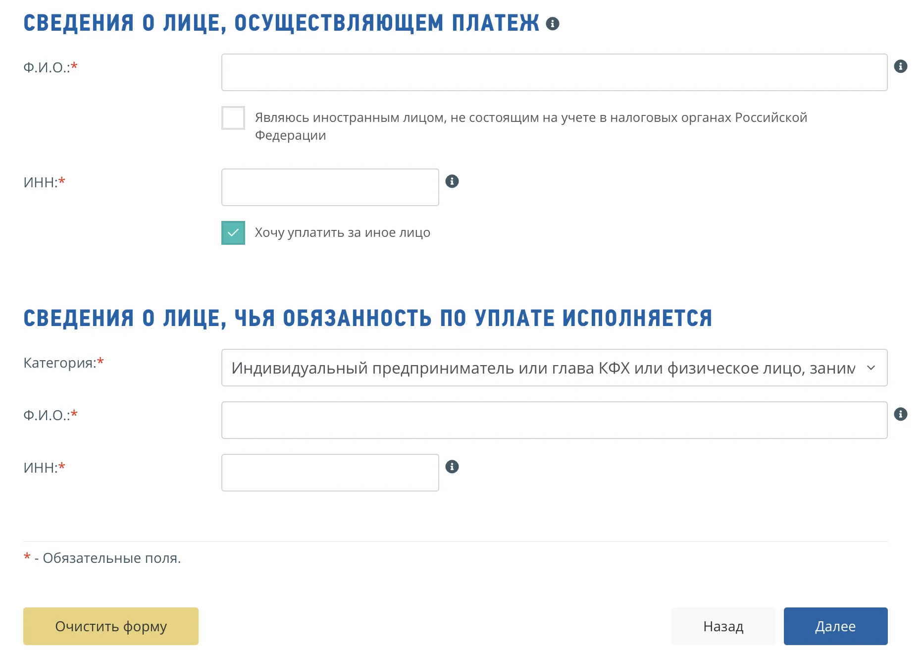 Раздел формы с данными плательщика: ФИО, ИНН и признак оплаты за другое лицо