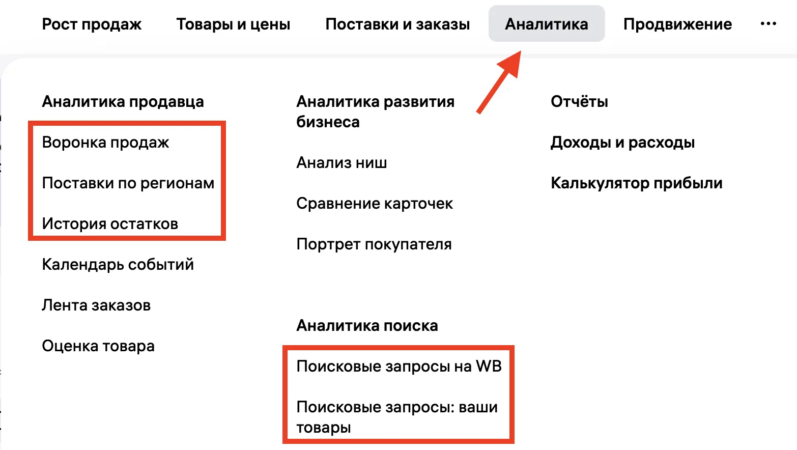 Раздел «Аналитика» в личном кабинете Wildberries с пунктами воронка продаж и поисковые запросы