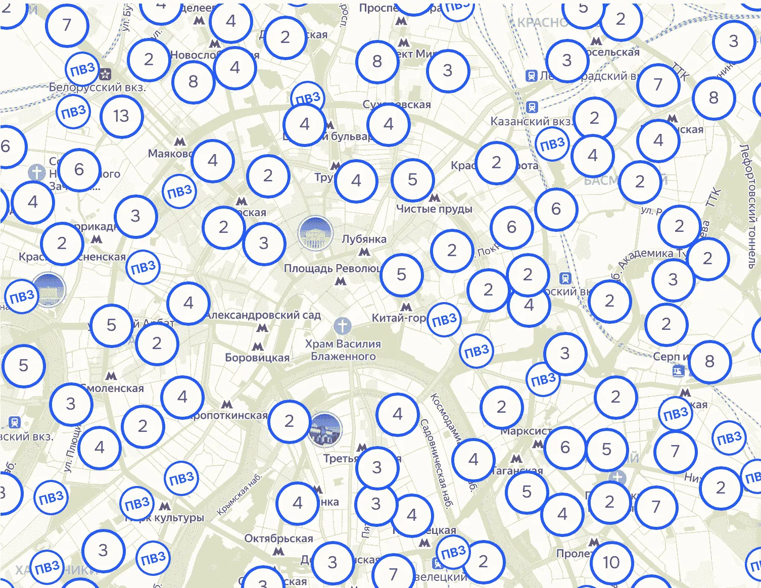 Интерактивная карта Москвы с кластерами пунктов выдачи заказов и количеством доступных ПВЗ в разных районах