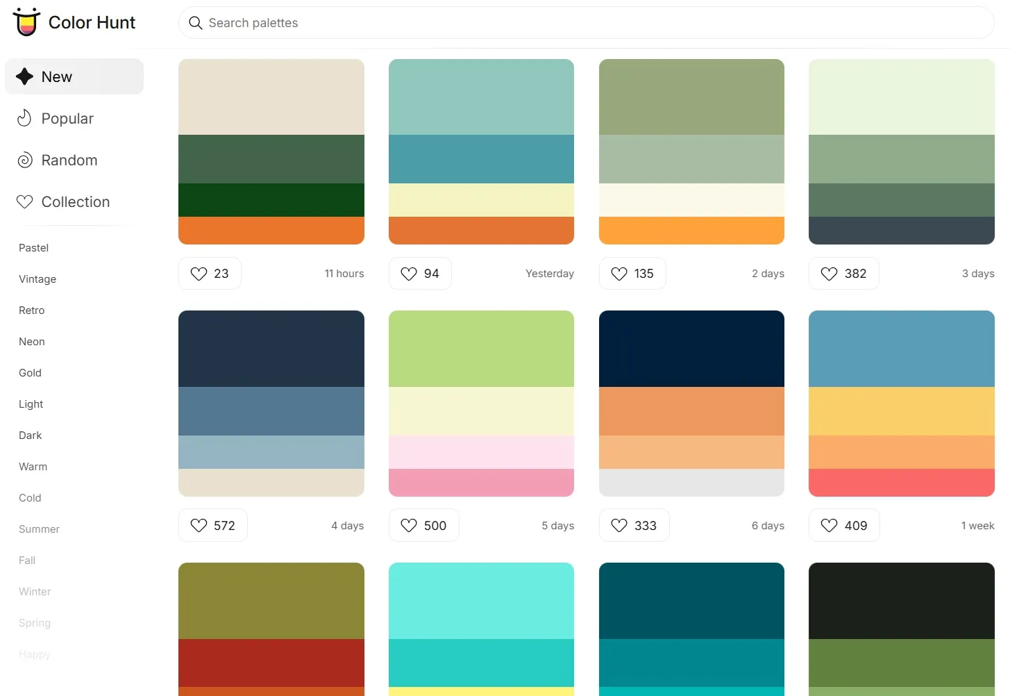 Каталог цветовых палитр Color Hunt: популярные, новые и рандомные комбинации оттенков (пастель, винтаж, ретро, неон, голд и другие) с лайками и временными метками