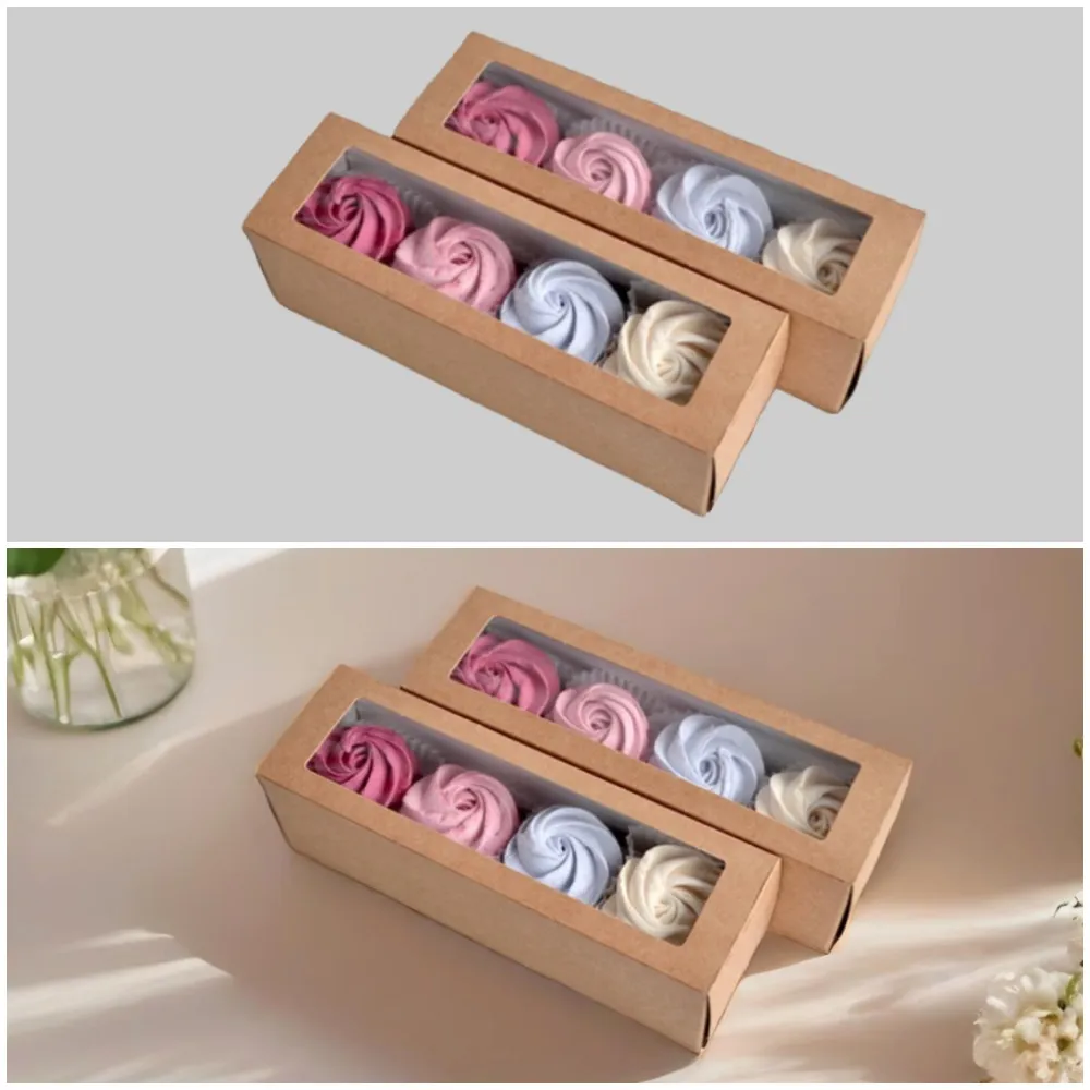 Две подарочные коробочки с зефиром в форме розочек (розовый, голубой, белый) в крафтовой упаковке с прозрачным окошком, вид сверху и сбоку