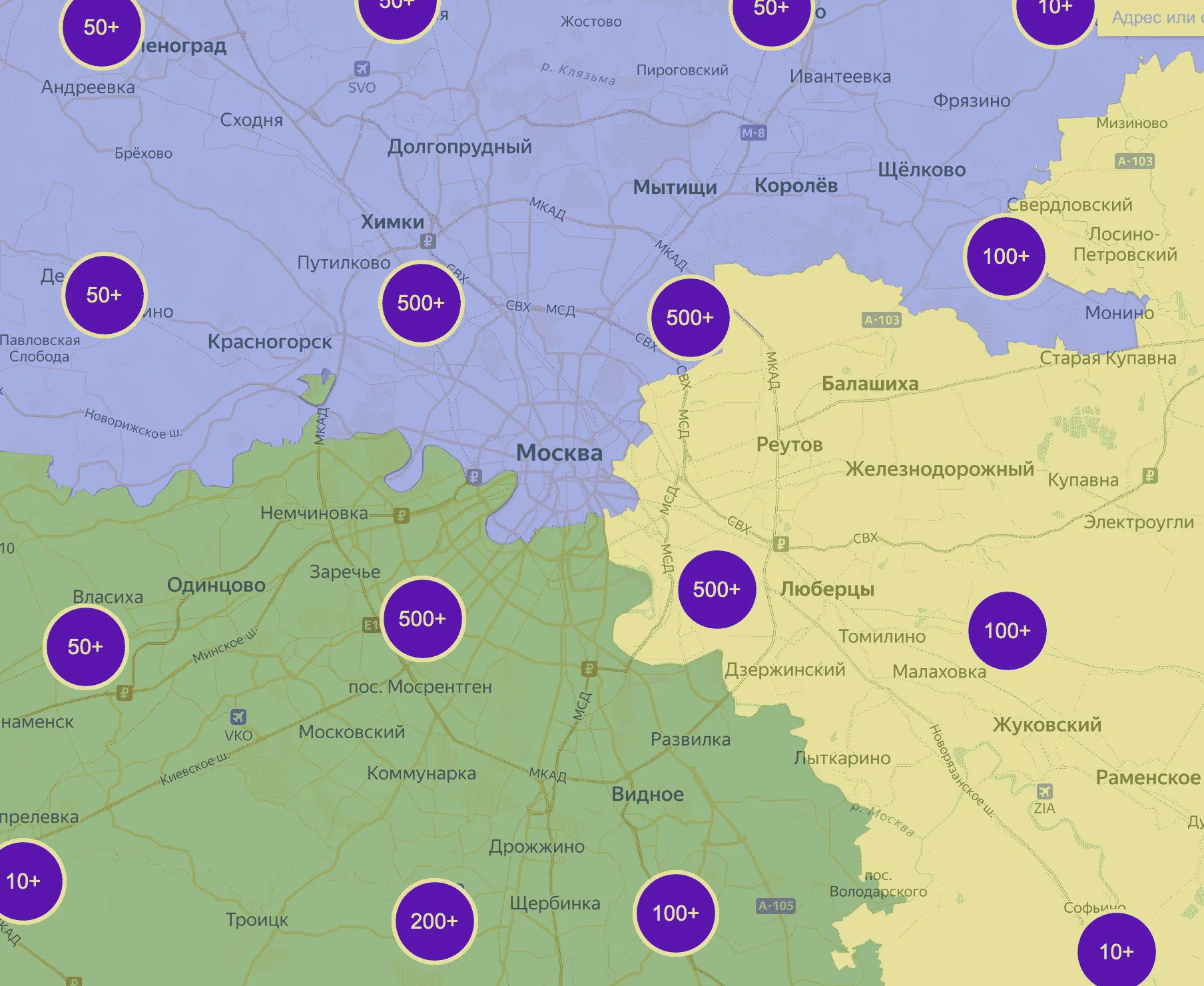 Карта Москвы и области с цветовым разделением территорий и отметками количества доступных пунктов выдачи заказов.