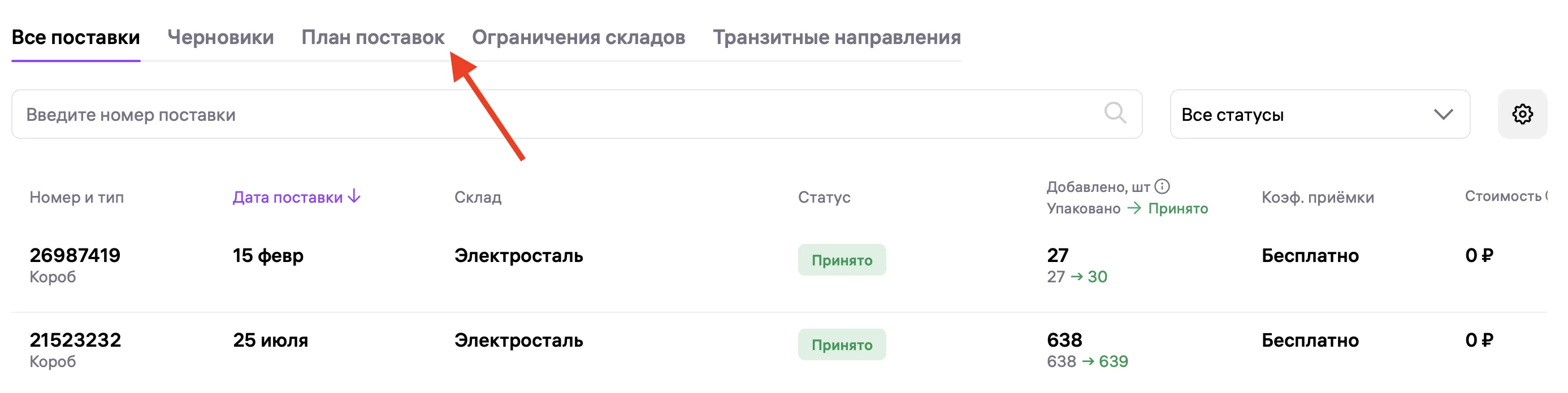 Интерфейс раздела “Все поставки” на маркетплейсе: таблица поставок с датами, статусами, количеством и фильтрами по статусам.