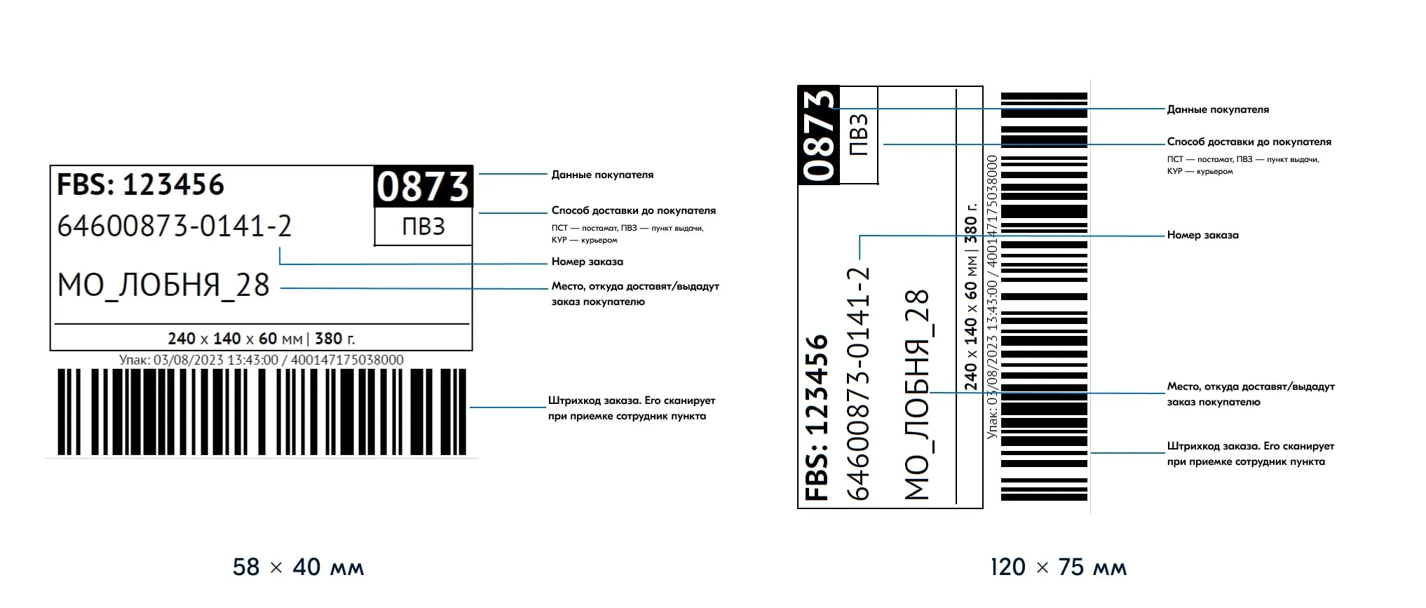 Транспортные и товарные этикетки FBS для заказов Ozon с размерами, весом, штрихкодами и данными ПВЗ.