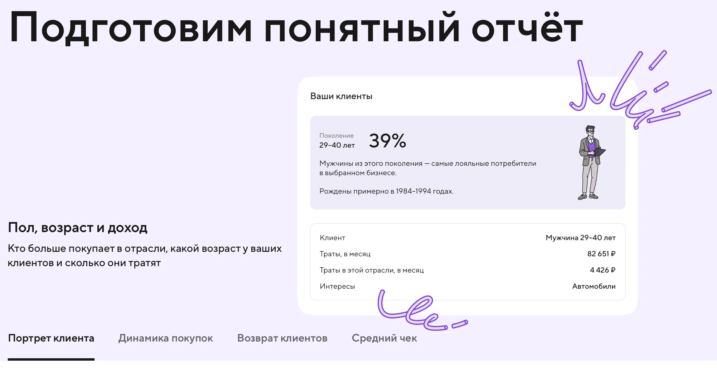 Отчёт о клиентах бизнеса: пол, возраст и доход, портрет клиента 29–40 лет со средними тратами