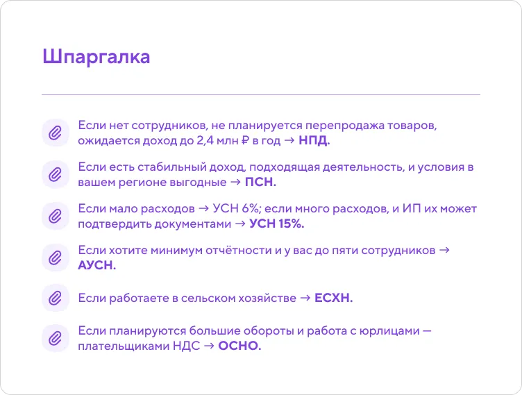 Шпаргалка по выбору системы налогообложения для ИП и бизнеса: НПД, ПСН, УСН 6% и 15%, АУСН, ЕСХН, ОСНО.