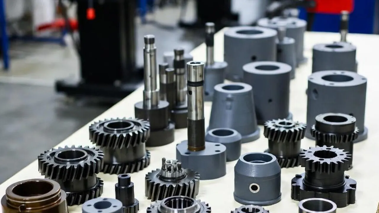 Металлические шестерни, валы и промышленные детали, разложенные на рабочем столе в производственном цехе