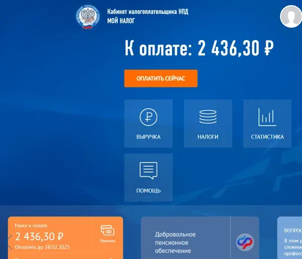 Главная страница личного кабинета “Мой налог”: сумма к оплате 2 436,30 ₽, разделы выручка, налоги, статистика и помощь