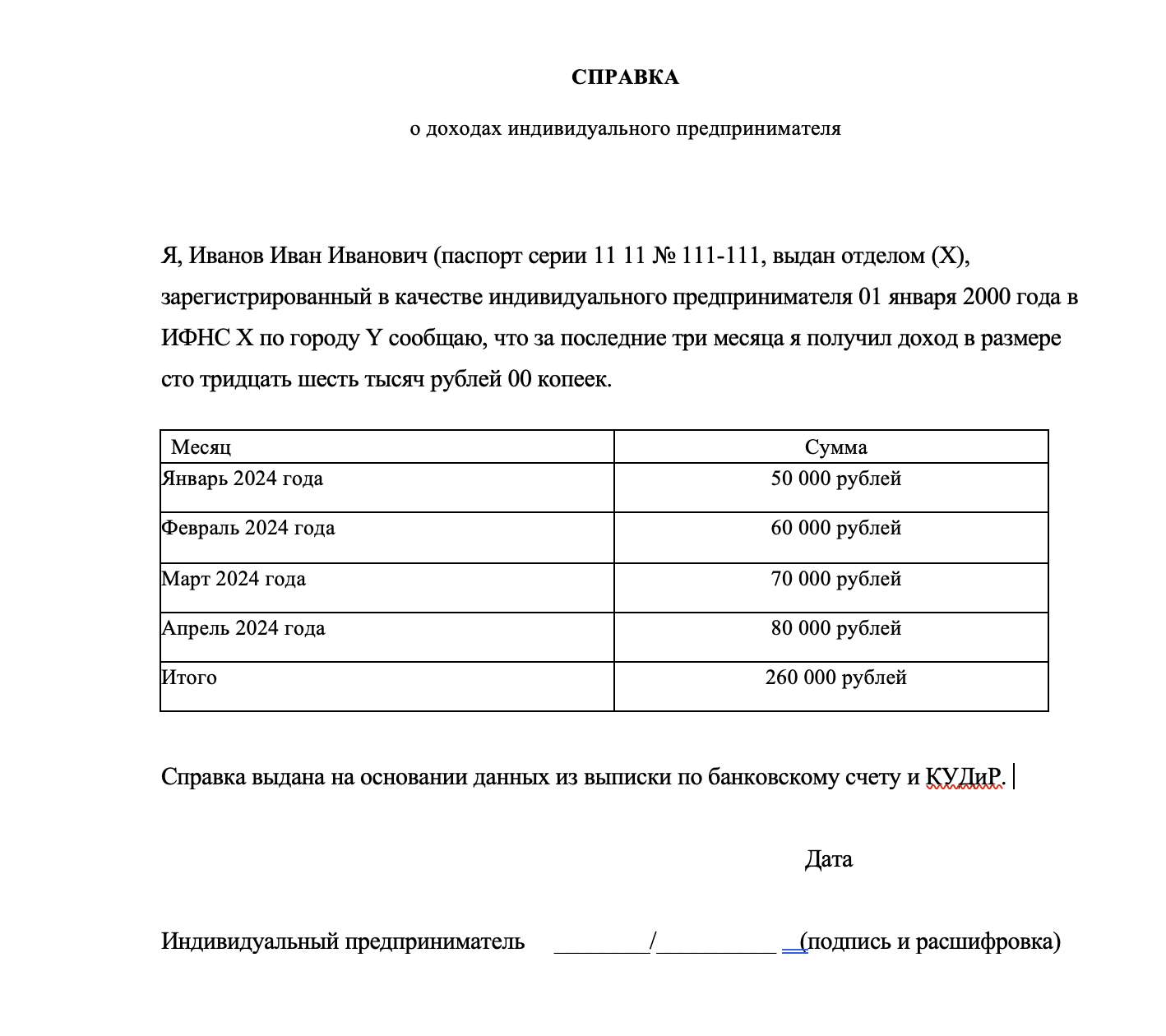 Пример справки о доходах ИП