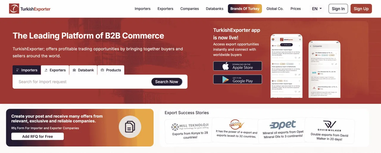 Главная страница B2B-платформы TurkishExporter: поиск импортных запросов, призыв добавить RFO, истории успеха экспортёров.