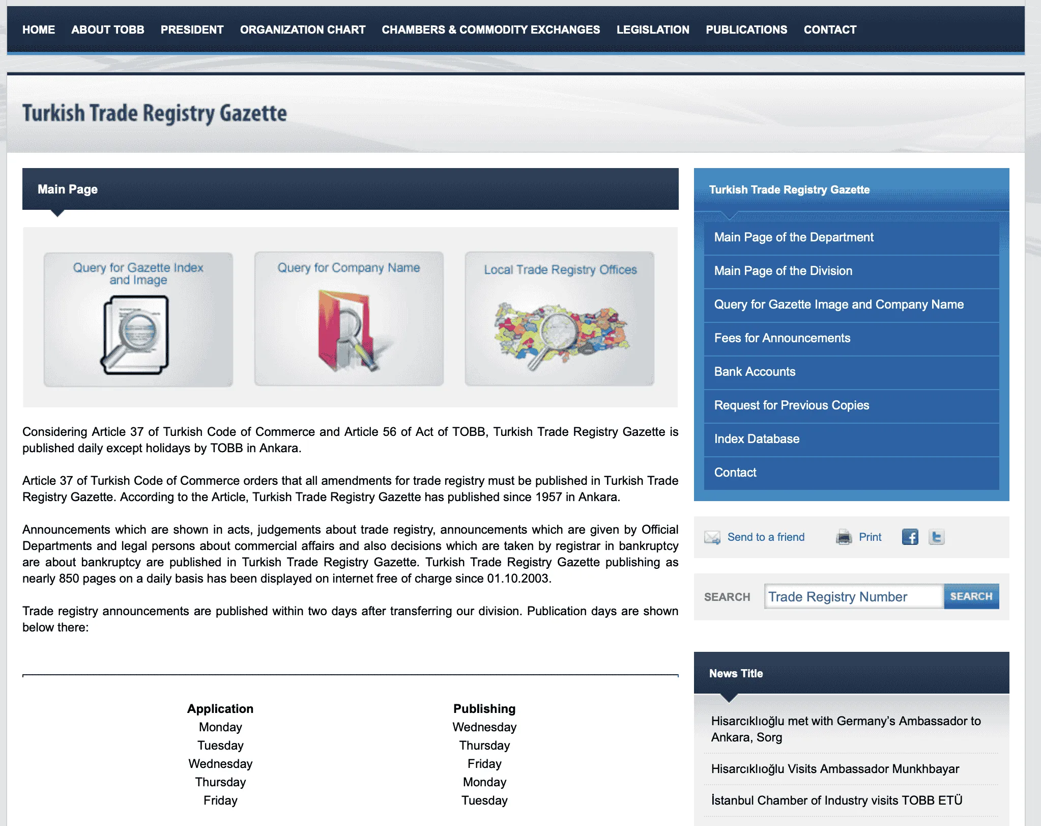 Официальный сайт Торгового реестра Турции (TOBB): меню, информация о публикации Gazette, таблица сроков публикации, поиск по номеру реестра.