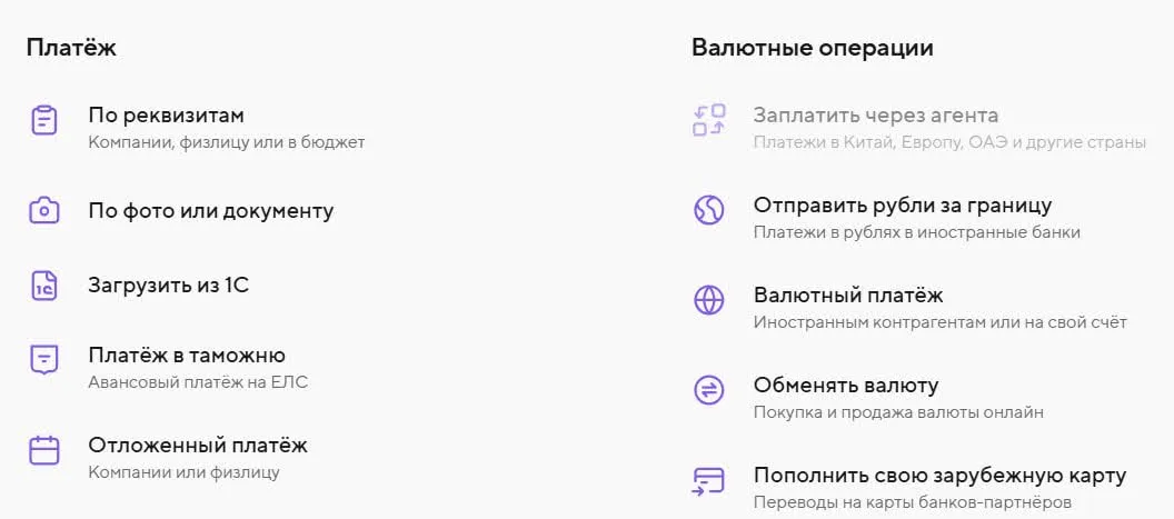Интерфейс банковского приложения: меню для рублёвых платежей (по реквизитам, фото, в бюджет) и валютных операций (платежи за границу, обмен, переводы на карты).